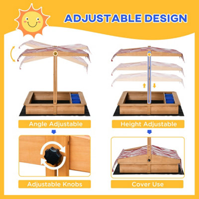Outsunny Kids Wooden Sandbox Sand Pit Height Adjustable with Canopy Basins