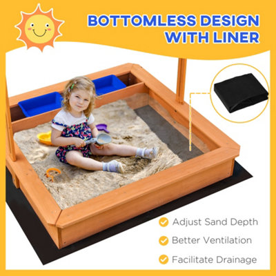 Outsunny Kids Wooden Sandbox Sand Pit Height Adjustable with Canopy Basins - 5