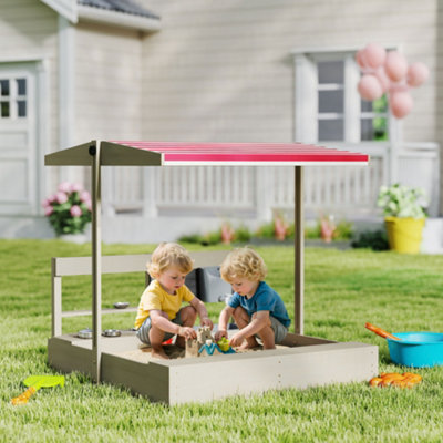Outsunny Kids Wooden Sandbox w/ Canopy, Kitchen Toys, Seat, Storage ...