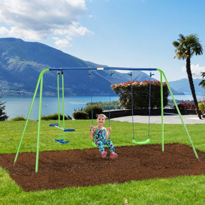 Outsunny Metal 2 Swings & Seesaw Set Height Adjustable Outdoor Play Set, Green