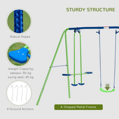 Outsunny Metal 2 Swings Seesaw Set Height Adjustable Outdoor Play Set Green