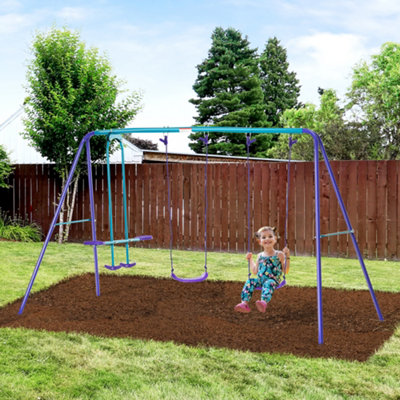 Outsunny Metal 2 Swings & Seesaw Set Height Adjustable Outdoor Play Set, Green