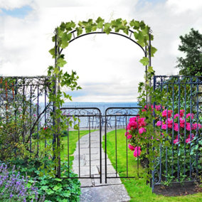 Outsunny Metal Decorative Backyard Arch w/ Gate Garden Arbor for Climbing Plants
