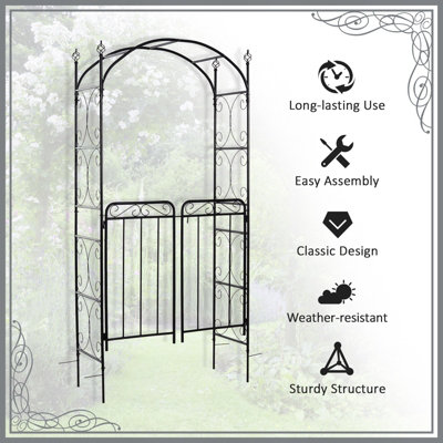 Outsunny Metal Decorative Backyard Arch w/ Gate Garden Arbor for Climbing Plants - 6