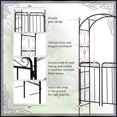 Outsunny Metal Decorative Backyard Arch w/ Gate Garden Arbor for Climbing Plants - 4