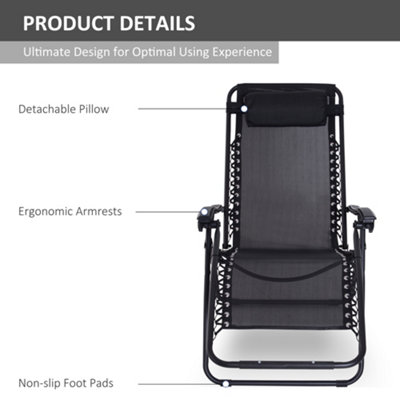 Outsunny Metal Frame Zero Gravity Lounger w/ Head Pillow for Patio Decking Black - 7