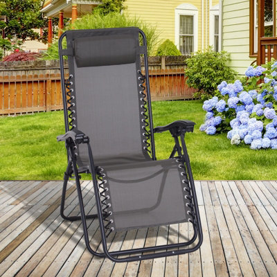 Outsunny Metal Frame Zero Gravity Lounger w/ Head Pillow for Patio Decking Grey