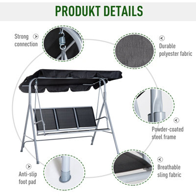 Outsunny Metal Swing Chair Garden Hammock 3 Seater Patio Bench Canopy Lounger - 5