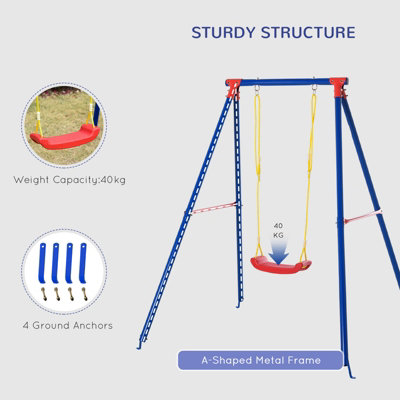 Outsunny Metal Swing Set w/ Adjustable Rope A-Frame Stand Outdoor Playset