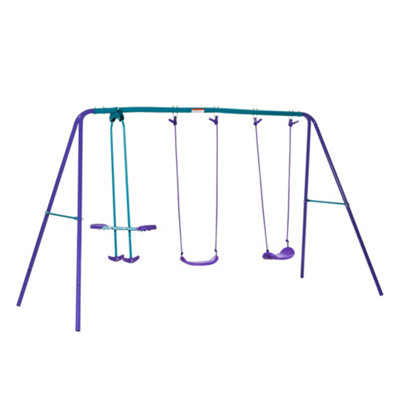 Outsunny Metal Two Swings and Seesaw, Height Adjustable Outdoor Playset - Purple