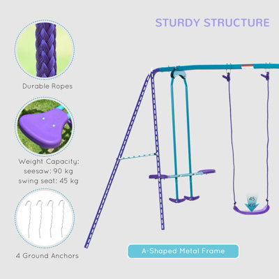 Outsunny Metal Two Swings and Seesaw, Height Adjustable Outdoor Playset -  Purple