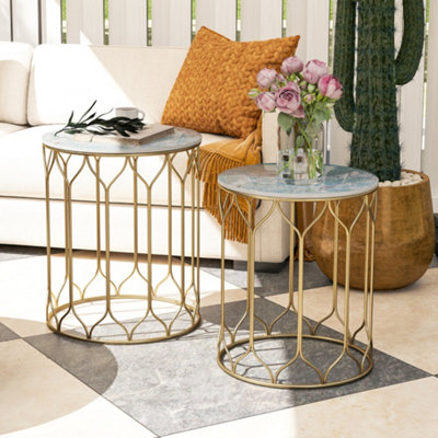 Outsunny Nesting Tables Set of 2, Marble Effect Side Tables, Multi