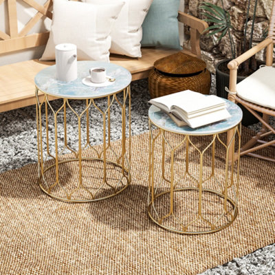 Outsunny Nesting Tables Set of 2, Marble Effect Side Tables, Multi