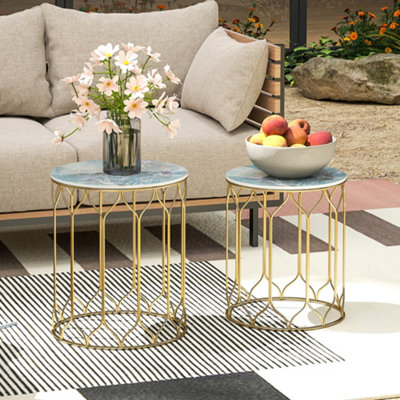 Outsunny Nesting Tables Set of 2, Marble Effect Side Tables, Multi