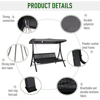 Outsunny Outdoor 3-person Porch Swing Chair Chaise Lounge Patio Garden - 7