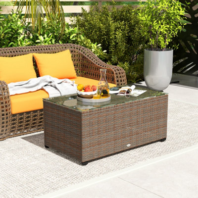 Outdoor Wicker Coffee Table - 2-Layer Glass Top Patio Table With Storage & Cover, Brown