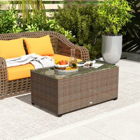 Outsunny Outdoor Coffee Table, Glass Top Rattan Side Table, Brown