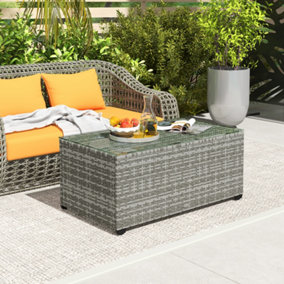 Outsunny Outdoor Coffee Table, Glass Top Rattan Side Table, Light Grey