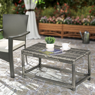 Outsunny Outdoor Coffee Table, PE Rattan Side Table Plastic Board, Grey