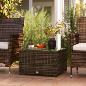 Outsunny Outdoor Coffee Table with Glass Top, Rattan Side Table, Brown