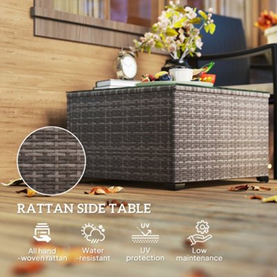 Outsunny Outdoor Coffee Table with Glass Top, Rattan Side Table, Dark Grey