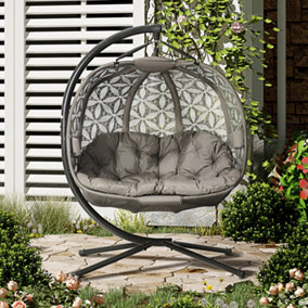 Outsunny Outdoor Double Hanging Chair, Swing Chair with Metal Stand, Thick Padded Cushion, Foldable Basket and Cup Holders