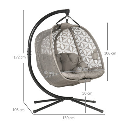 Outsunny Outdoor Double Hanging Chair, Swing Chair with Metal Stand, Thick Padded Cushion, Foldable Basket and Cup Holders