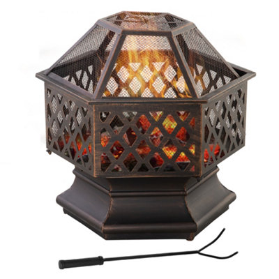 Outsunny Outdoor Fire Pit with Screen and Poker, Backyard Firebowl, Bronze