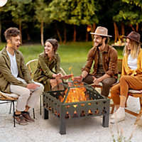 Outsunny Outdoor Fire Pit with Screen and Poker, Backyard Wood Burner, Black