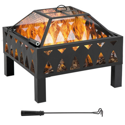 Outsunny Outdoor Fire Pit with Screen and Poker, Backyard Wood Burner, Black