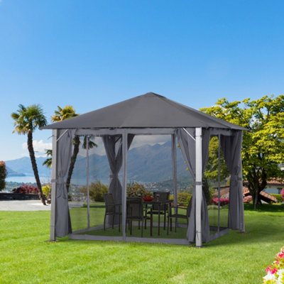 Outsunny Outdoor Gazebo Steel Wood Grain Frame Mesh Curtain Sun Shelter