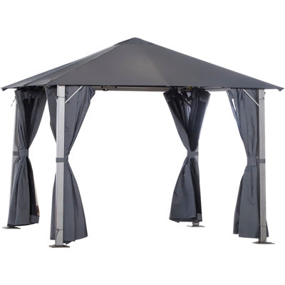 Outsunny Outdoor Gazebo Steel Wood Grain Frame Mesh Curtain Sun Shelter