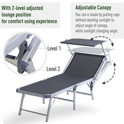 Outsunny Outdoor Lounger Fold 180 degrees Reclining Chair with Adjustable Canopy Grey - 4