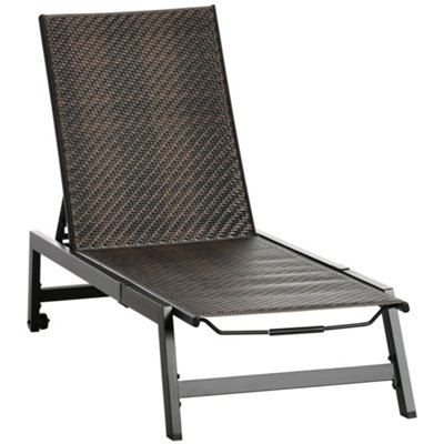 Outsunny Outdoor PE Rattan Sun Loungers 5-Position Backrest & Wheels, Brown