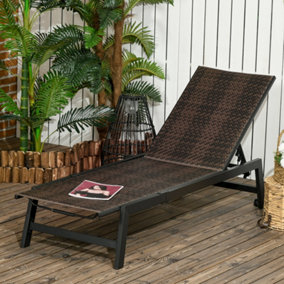 Outsunny Outdoor PE Rattan Sun Loungers 5-Position Backrest & Wheels, Brown
