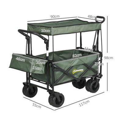 Outsunny Outdoor Push Pull Wagon Stroller Cart w/ Canopy Top Green - 3