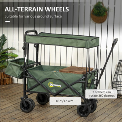Outsunny Outdoor Push Pull Wagon Stroller Cart w/ Canopy Top Green - 6