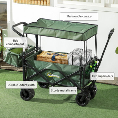 Outsunny Outdoor Push Pull Wagon Stroller Cart w/ Canopy Top Green - 7
