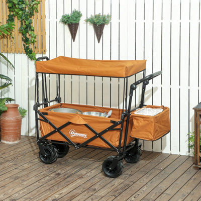 Outsunny Outdoor Push Pull Wagon Stroller Cart w/ Canopy Top Orange