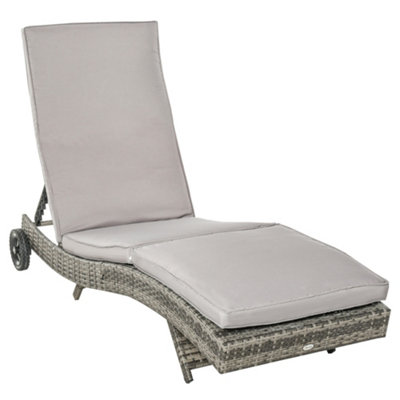 Outsunny Outdoor Reclining Lounge Chair, PE Wicker, Rolling Wheels, Grey