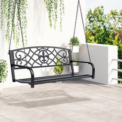 Outsunny Outdoor Steel Fleur-De-Lis Porch Swing Garden Hanging Bench Black