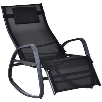 Outsunny Patio Adjust Lounge Chair Rocker Outdoor with Pillow, Footrest- Black