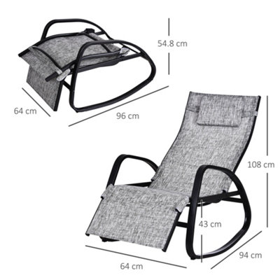 Outsunny Patio Adjust Lounge Chair Rocker Outdoor with Pillow, Footrest- Grey