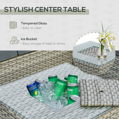 Outsunny Patio PE Rattan Sofa Sectional Conversation Furniture Set with Ice Bucket