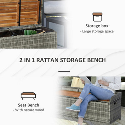 Outsunny Patio PE Rattan Wicker Storage Bench Box with Natural Wood Top Lid DIY at B Q