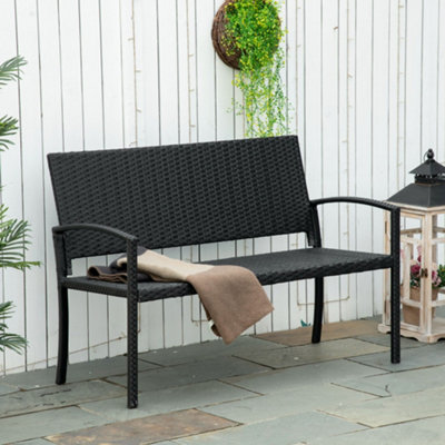 Outsunny Patio Rattan 2 Seater Garden Bench Love Seater Garden Armchair Black