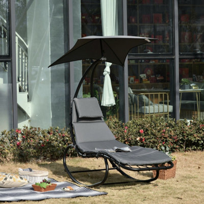 Outsunny Patio Rocking Chaise Lounge Rocking Bed with Canopy Cushion Headrest