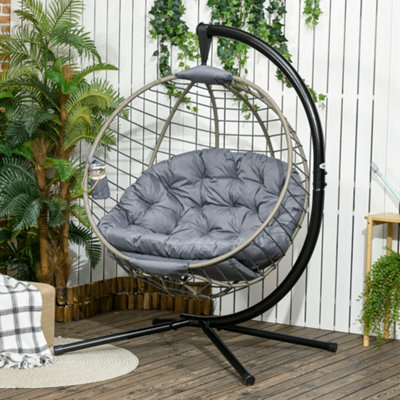 Outsunny PE Rattan Swing Chair Outdoor Hanging Chair with Metal Stand Thick Padded Cushion Foldable Basket and Cup Holder DIY at B Q