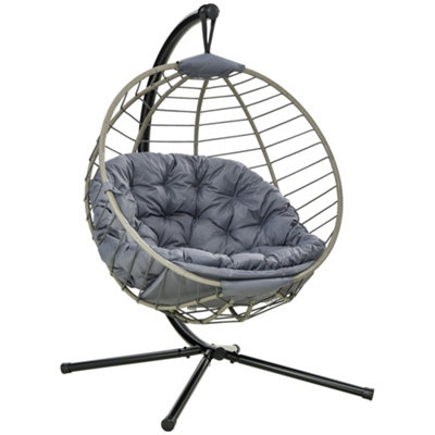 Outsunny PE Rattan Swing Chair, Outdoor Hanging Chair with Metal Stand, Thick Padded Cushion, Foldable Basket and Cup Holder