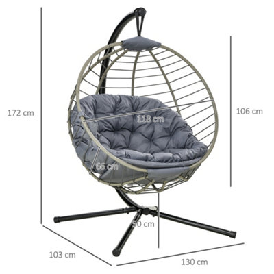 Outsunny PE Rattan Swing Chair, Outdoor Hanging Chair with Metal Stand, Thick Padded Cushion, Foldable Basket and Cup Holder